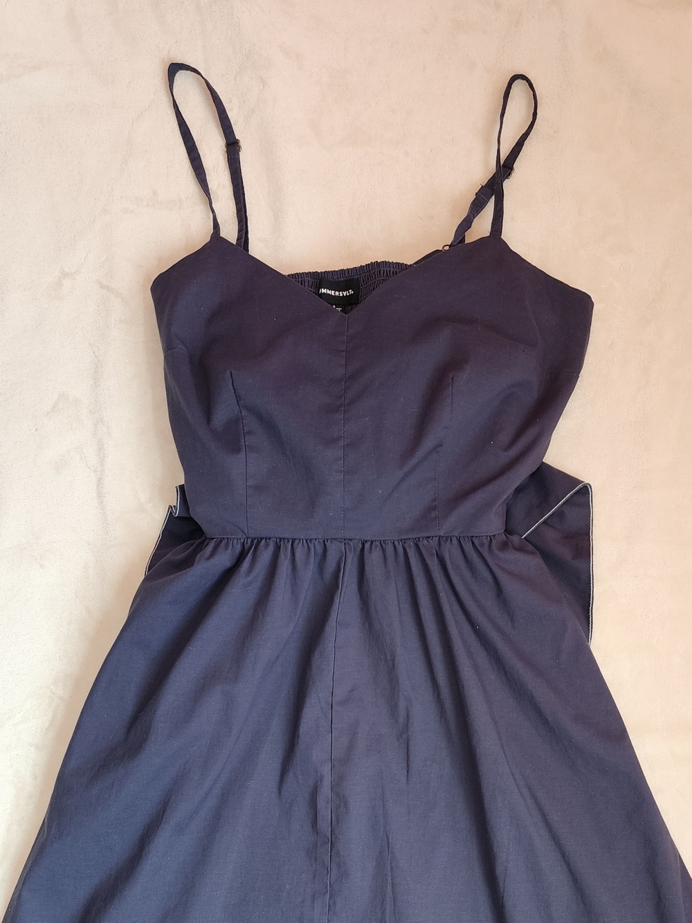 Navy Blue Organic Cotton Midi Dress With Thick Tie-Waist Summer Old Money - Picture 7 of 8